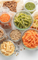 A variety of fusilli pasta from different types of legumes. Gluten-free pasta.