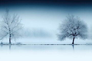 A background image for creative content featuring two large snow-covered trees seen from across a tranquil lake. Photorealistic illustration, Generative AI