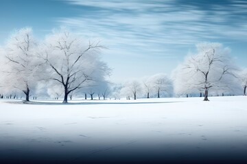 A background image featuring a serene snow-blanketed winter forest under a blue sky. Photorealistic illustration, Generative AI