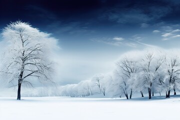 A background image featuring a serene winter forest scene with snow-covered trees and a deep blue sky. Photorealistic illustration, Generative AI