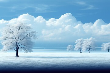 A background image featuring winter trees in a wide open field, with fluffy clouds against a blue sky. Photorealistic illustration, Generative AI