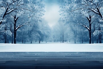 A background image showcasing a dense winter forest, covered in snow, as viewed from a wooden deck. Photorealistic illustration, Generative AI