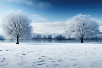 A background image featuring two snow-covered trees standing apart, with a serene lake in the background. Photorealistic illustration, Generative AI