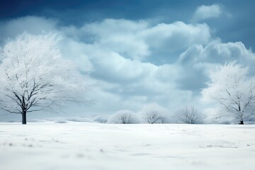 A background image featuring snow-covered trees on a hill, set against a backdrop of clouds and a serene blue sky. Photorealistic illustration, Generative AI