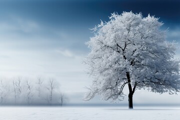 A background image showcasing a solitary tree covered in a blanket of snow. Photorealistic illustration, Generative AI