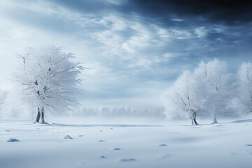 A captivating background image showcasing snow-covered trees with frosty branches under the enchantment of fluffy clouds above. Photorealistic illustration, Generative AI