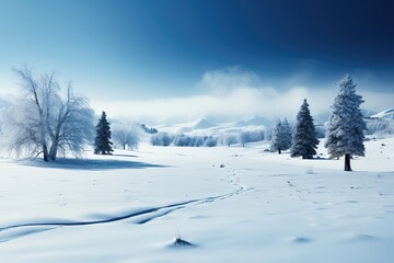 Fototapeta na wymiar A background image portraying a snow-covered downhill scene with trees lining the path and distant mountains completing the panorama. Photorealistic illustration, Generative AI