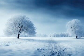 Fototapeta na wymiar A background image of a snow-blanketed landscape with a path winding between two trees, creating a serene winter scene. Photorealistic illustration, Generative AI
