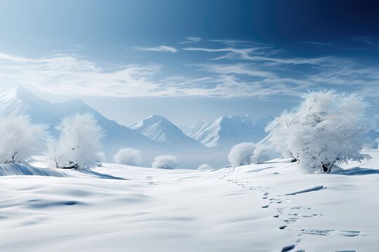 A background image capturing a snow-blanketed winter mountain view, with a trail of footprints leading across the pristine snow. Photorealistic illustration, Generative AI