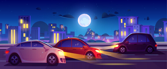 Night city street road with building vector scene. Modern 2d urban panoramic landscape view on highway traffic with headlight beam and skyscraper architecture exterior. Full moon light in town sky
