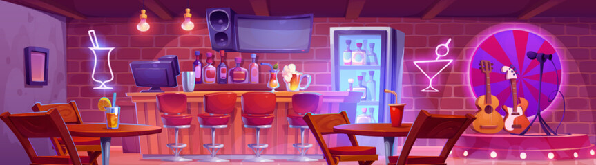 Cartoon bar with counter interior vector illustration. Restaurant or pub with table, live guitar music and alcohol cocktail. Neon illumination in nightclub with vintage wood furniture, speaker and tv - obrazy, fototapety, plakaty