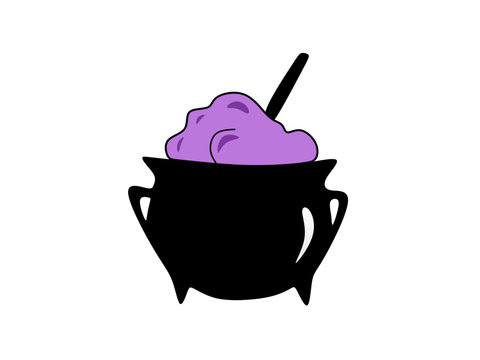 Witches cauldron with purple potion and steam isolated on white background. witch pot.
