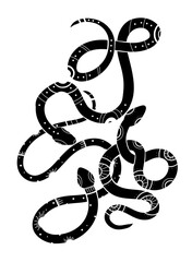 Vector mystery illustration with tangled tracery snakes. Monochrome tribal clipart with serpents. Boho reptile silhouette