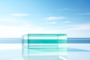 Fototapeta na wymiar Glass Product Podium with Crystal Clear Blue Water Sky. Perfect for Modern and Transparent Items.