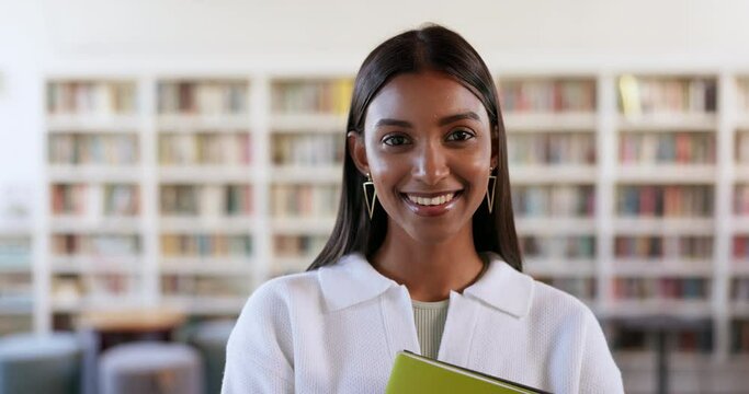 Books, education and library with face of woman on campus for research, studying or learning. Smile, future and scholarship with portrait of student at school for knowledge, college or university