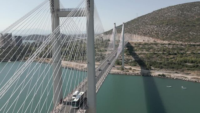 Cinematic Aerial Cable-stayed bridge in Chalkis, Chalkida, Evia, Euboea, Greece from drone