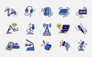 Set of Podcast radio, vector illustration, with hand drawn style