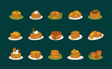 Set of simple pancake icons in hand drawn style