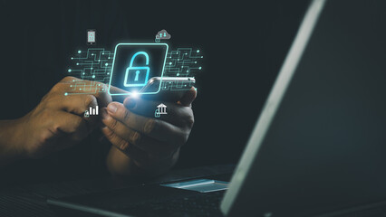 Cyber​​security and network concept. Businessman using smartphone coding virtual lock screen icon Privacy data security and encryption Cybersecurity in the world of digital technology