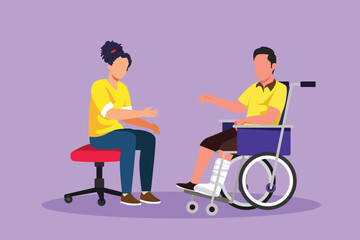 Character flat drawing two people sitting chatting, one using chair, one using wheelchair. Friendly man and woman are talking to each other, human disabled society. Cartoon design vector illustration