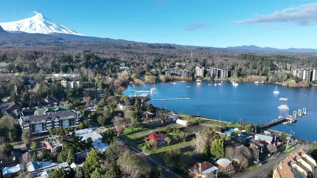 Coast City At Pucon In Los Lagos Chile. Coast City. Volcanic Beach. Travel Landscape. Pucon Chile. Volcano Background. Coast City At Pucon In Los Lagos Chile.