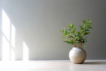 a beautiful Tropical green leaf in ceramic potted on a Blank background for decoration in an empty room with a white floor. home interior design for minimalist style backlight Natural Shadow 