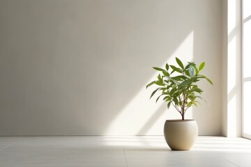 a beautiful Tropical green leaf in ceramic potted on a Blank background for decoration in an empty room with a white floor. home interior design for minimalist style backlight Natural Shadow 