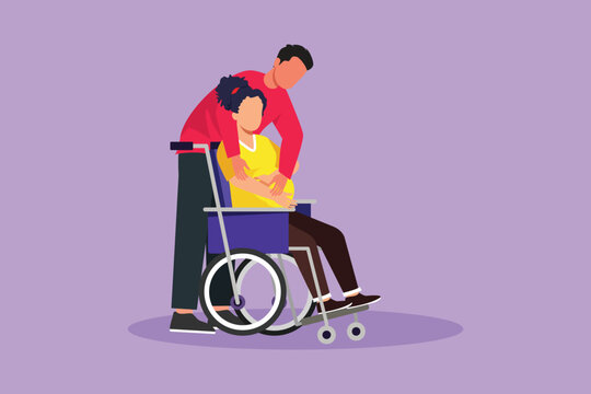 recommend clip art: Cartoon flat style drawing male touching belly of disabled pregnant woman sitting on wheelchair. Happy family relations, pregnancy, loving people awaiting cute baby. Graphic design vector illustration