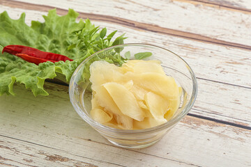 Marinated white ginger in the bowl