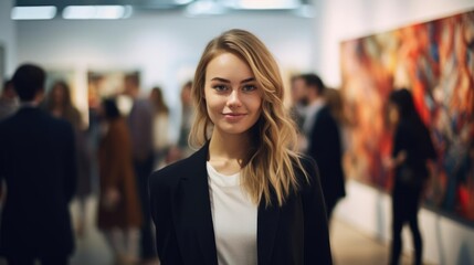 Portrait of a woman at a bustling art gallery curating exhibitions that showcase the creativity of fellow artists
