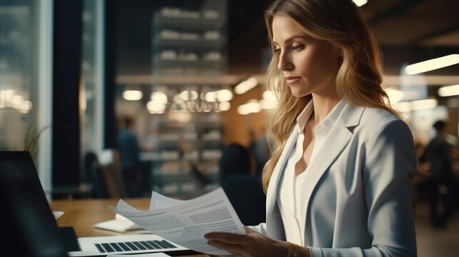 Portrait of a woman at a bustling accounting firm meticulously examining financial records and ensuring precision in every calculation