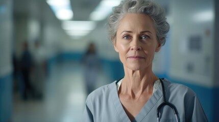 Fototapeta premium Portrait of a woman at a bustling hospital tirelessly tending to patients' needs