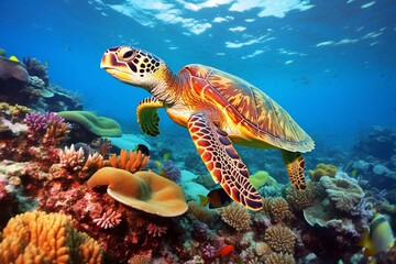 Colorful sea turtle swims through wild Pacific coral. Generative AI