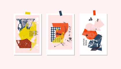 Creative collage poster set with different textures and shapes. Trendy graphic design.  Vector illustration, print, postcard