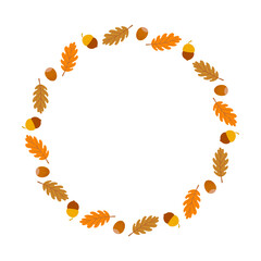 Autumn acorns leaves decorative circular frame on white background.