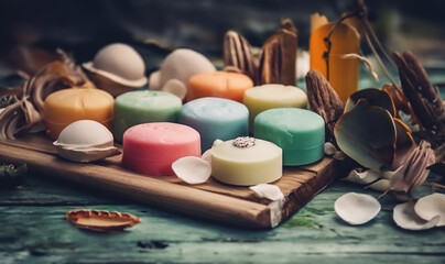 Obraz na płótnie Canvas A set of multi-colored round soaps on a wooden tray. Spa set, fragrant handmade soap, massage items