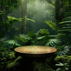 Wooden round smooth grain podium, tropical palm, leaf shadow on blank green wall for luxury organic cosmetic, skincare, beauty product background