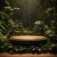 Wooden product display podium in jungle forest. Product presentation theme. Nature and Organic cosmetic and food concept.