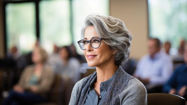 Portrait of a woman at a retirement planning seminar sharing valuable insights on investment strategies