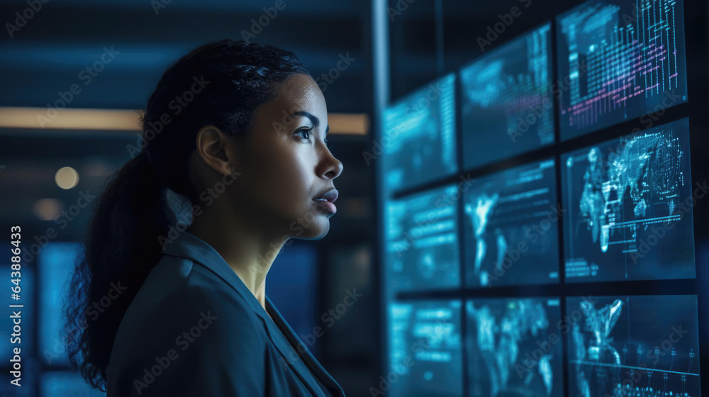 Poster portrait of a woman at a dynamic tech company diving into complex datasets