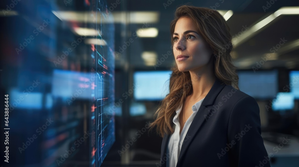 Poster portrait of a woman at a dynamic tech company diving into complex datasets