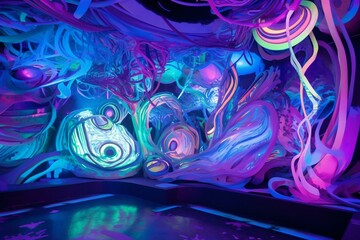 A vivid backdrop with swirling neon lights in shades of lilac, turquoise, and blue. Generative AI