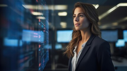 Portrait of a woman at a dynamic tech company diving into complex datasets