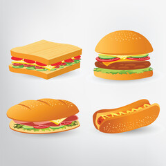 Set of delicious juicy sandwiches .submarine sandwiches, Burger, sandwich and hot dog vector .delicious fast food vector .design elements for food menu ,cards, social media, banners and flyers.