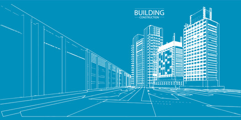 Building blue print perspective construction plan facades architectural sketch.Vector illustration