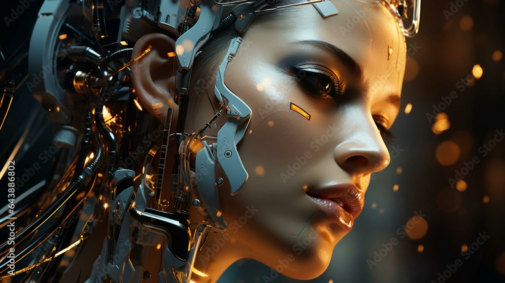 Poster connection of human woman and artificial intelligence robot. the concept of merging a person and a c