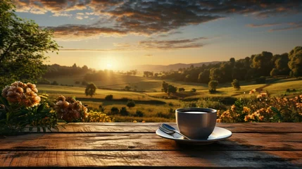 Fotobehang A cup of delicious coffee on a wooden table against the backdrop of nature at sunset © Aliaksandra