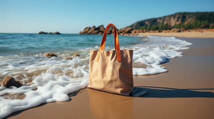 A simple eco-friendly fabric bag on the background of the beach on the sea
