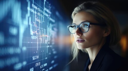 Portrait of a woman at a prestigious economic research institute analyzing intricate financial data