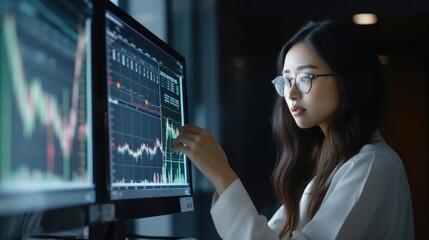 Portrait of a woman at a prestigious economic research institute analyzing intricate financial data